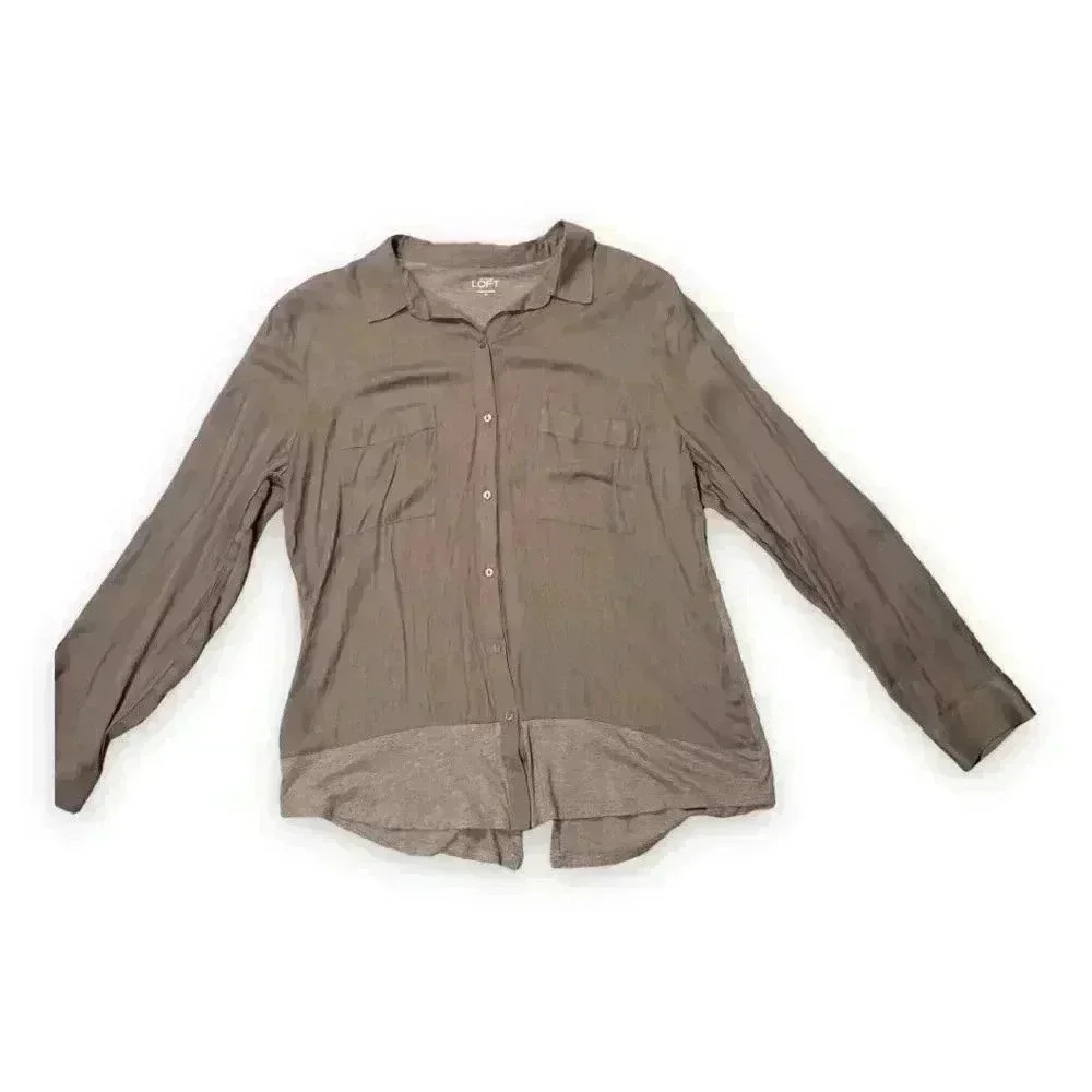 Ann Taylor Loft 2 Tone Gray Button Down Long Sleeve High Low Lightweight Blouse - Picture 6 of 10